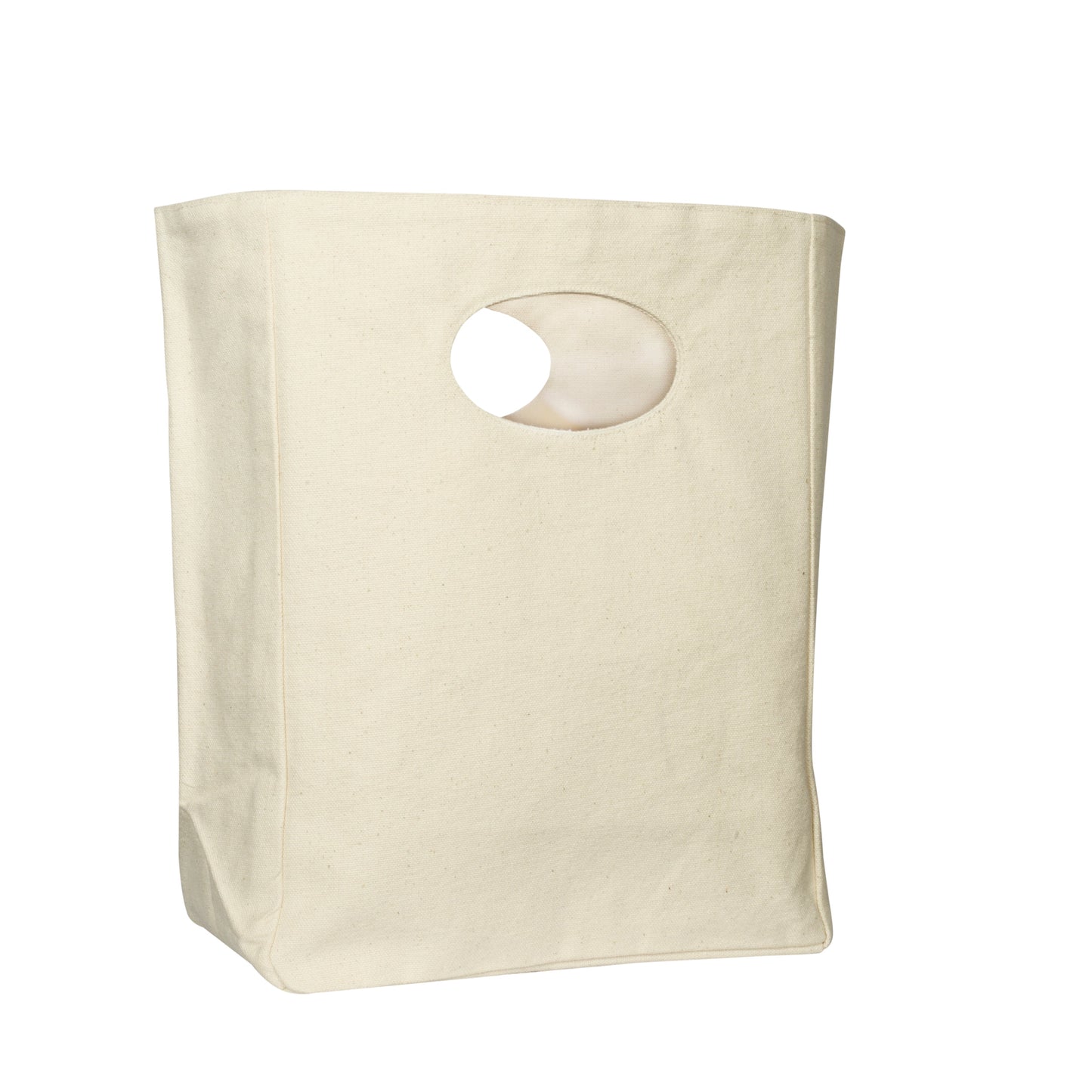 Plain canvas lunch bag with oval cutout handle opening on front