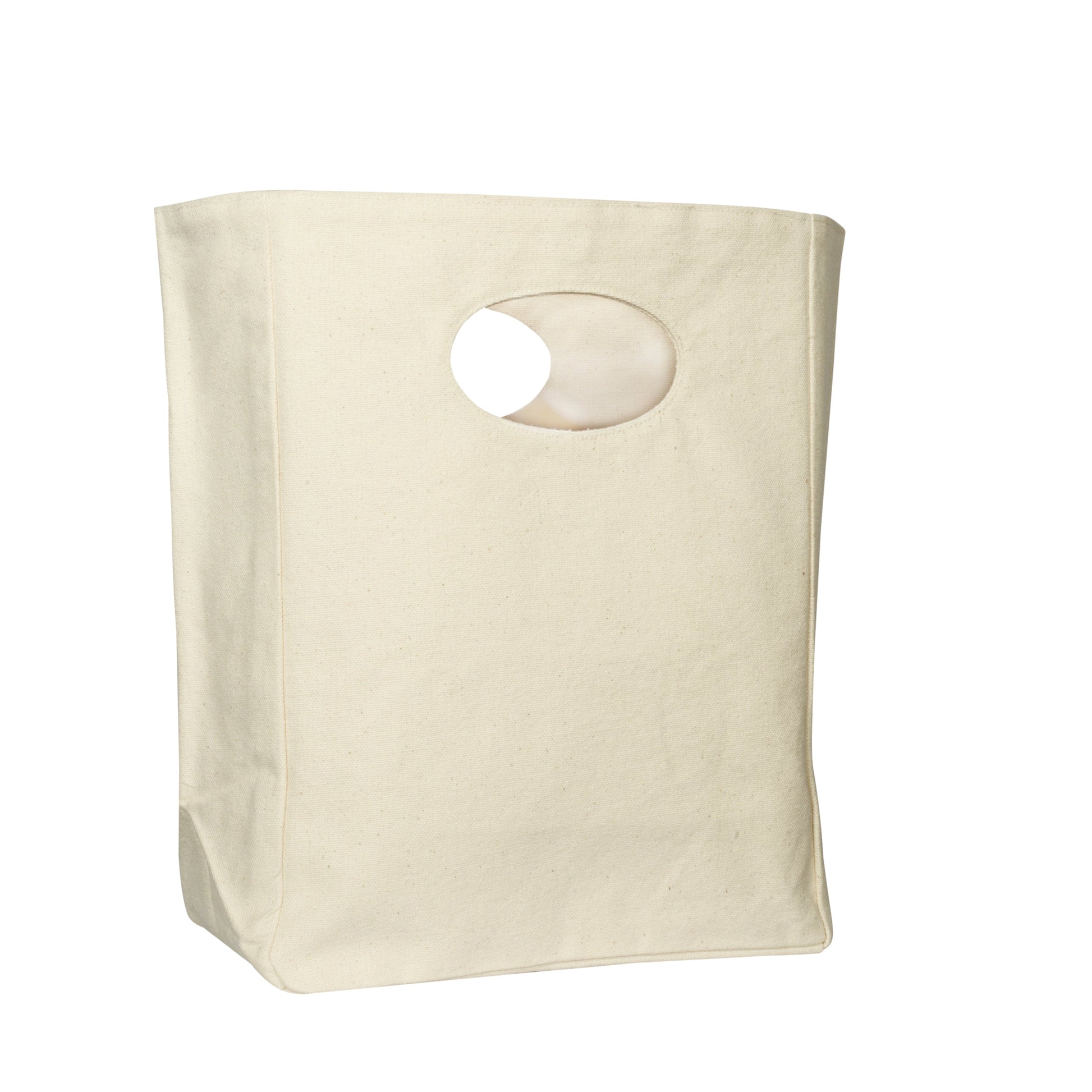 Plain canvas lunch bag with oval cutout handle opening on front