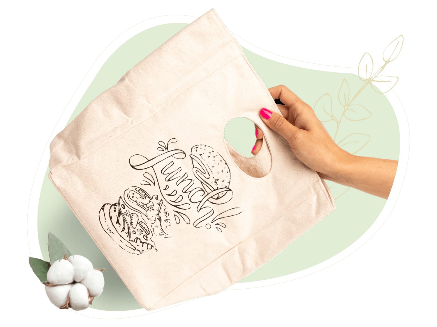 Canvas lunch bag in light canvas with black “Lunch!” print illustration on front