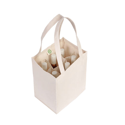 Canvas wine tote bag with loop handles, packed with bottles and small items inside.