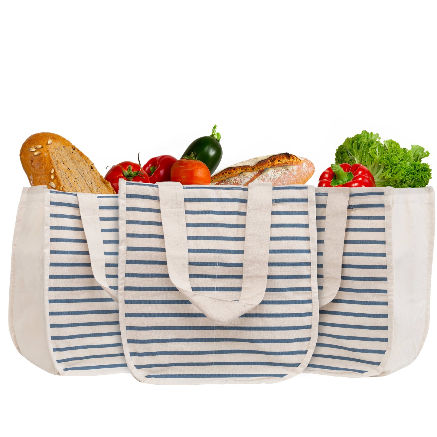 Canvas grocery tote bag, blue-striped on white with produce and rope handles