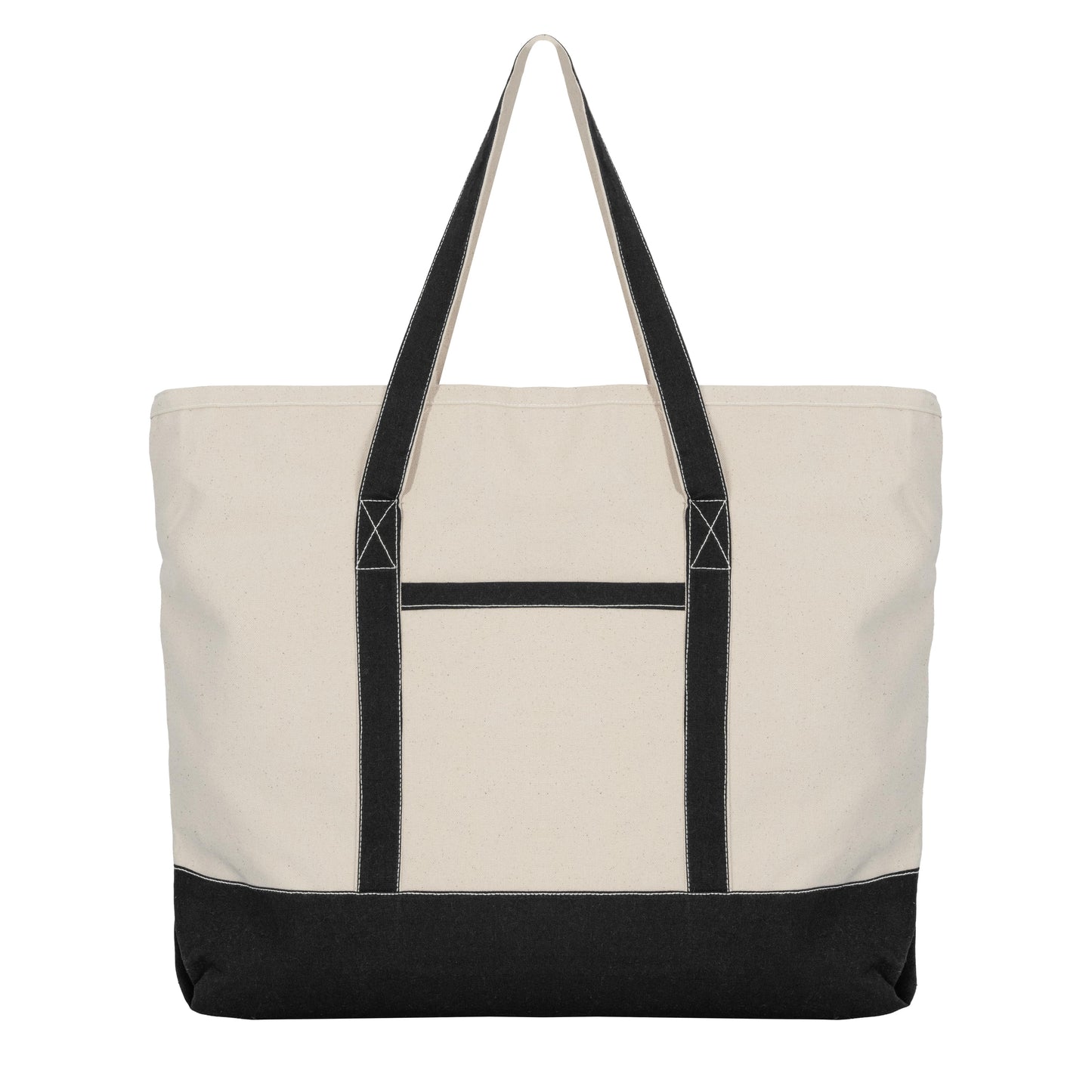 Cream canvas tote bag with black handles and black bottom panel.