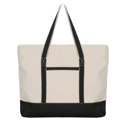 Cream canvas tote bag with black handles and black bottom panel.