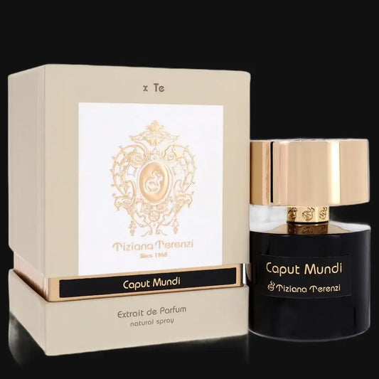 Women's extrait de parfum gift set with black bottle, gold cap, and beige box