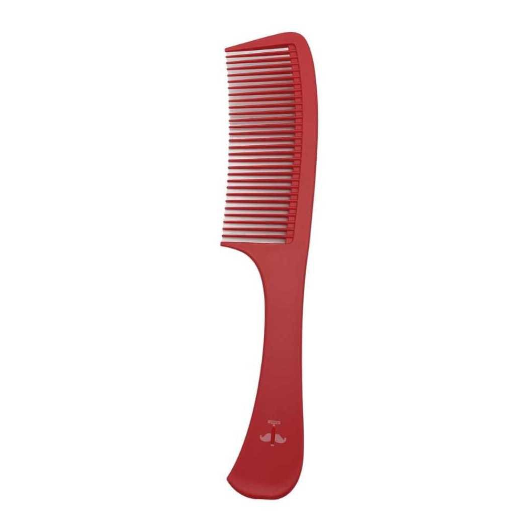Carbon wide-tooth comb with long, closely spaced teeth, red handle