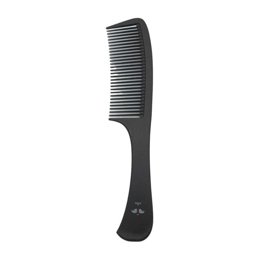 Carbon wide-tooth comb with long, closely spaced teeth, black handle