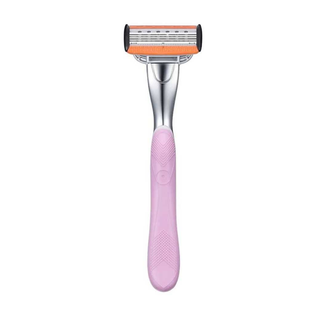 Pink cartridge razor handle with textured grip and orange-trim cartridge head
