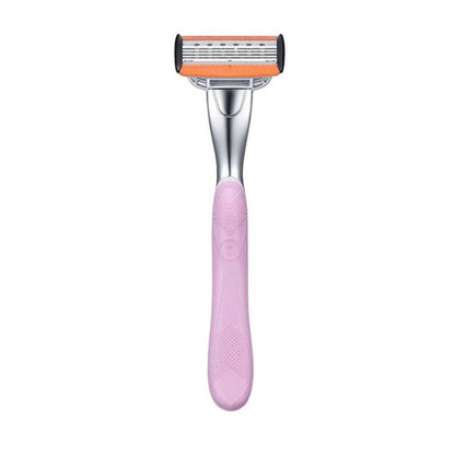 Pink cartridge razor handle with textured grip and orange-trim cartridge head