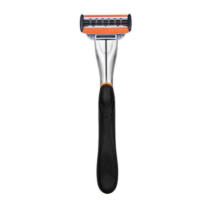 Black cartridge razor handle with textured grip and orange-trim cartridge head