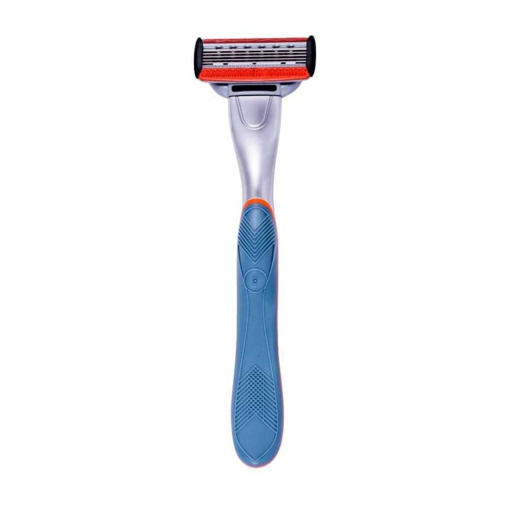 Blue cartridge razor handle with textured grip and orange-trim cartridge head