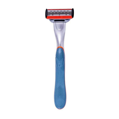 Blue cartridge razor handle with textured grip and orange-trim cartridge head