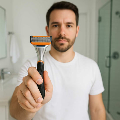 Black cartridge razor handle with textured grip and orange-trim cartridge head