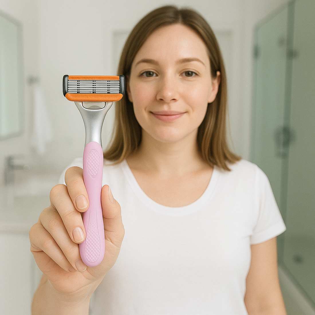 Cartridge razor handle with pink grip and silver head