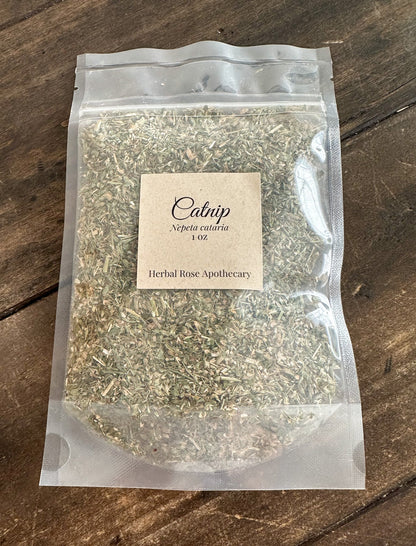 Catnip herb in clear resealable pouch with kraft label and dried green leaves
