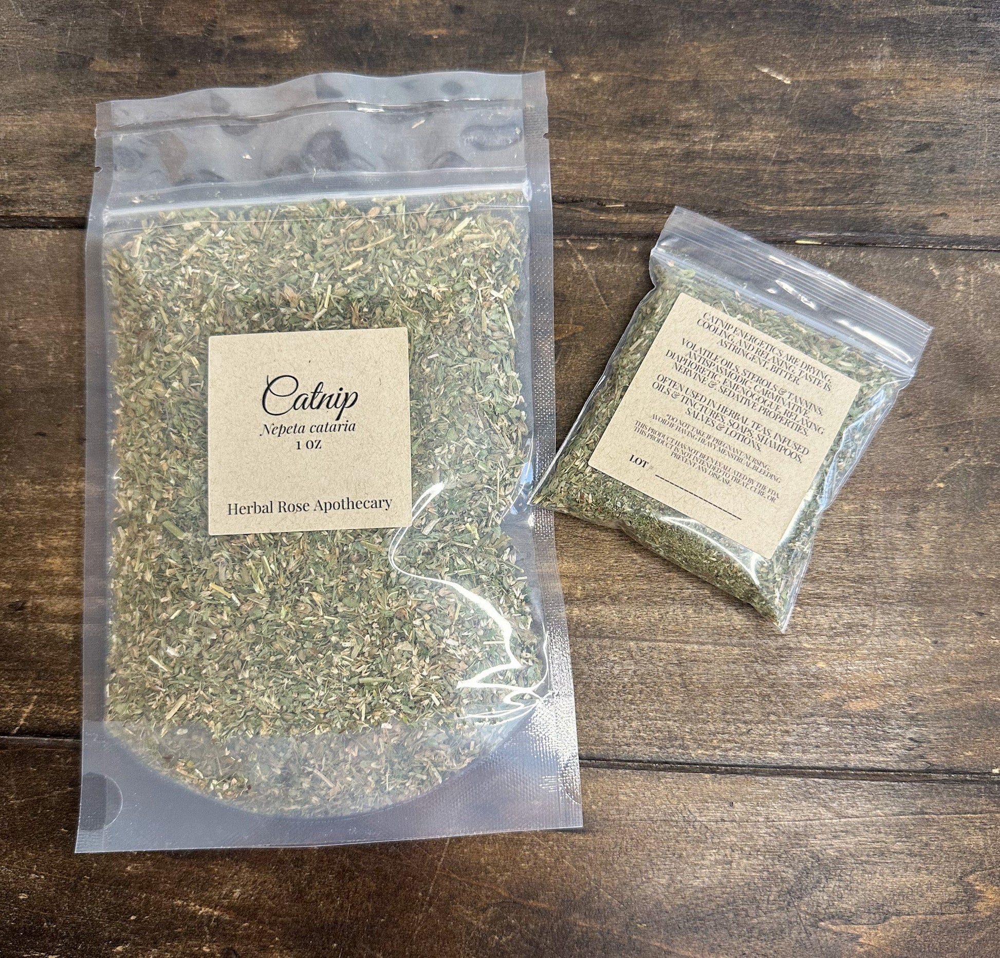 Catnip herb 1 oz in clear resealable pouch with kraft label; second pouch at right