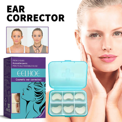 Cosmetic ear corrector stickers with open teal storage case and white adhesive pieces