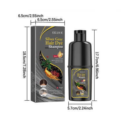 Silver gray hair dye shampoo bottle and box with size measurements diagram