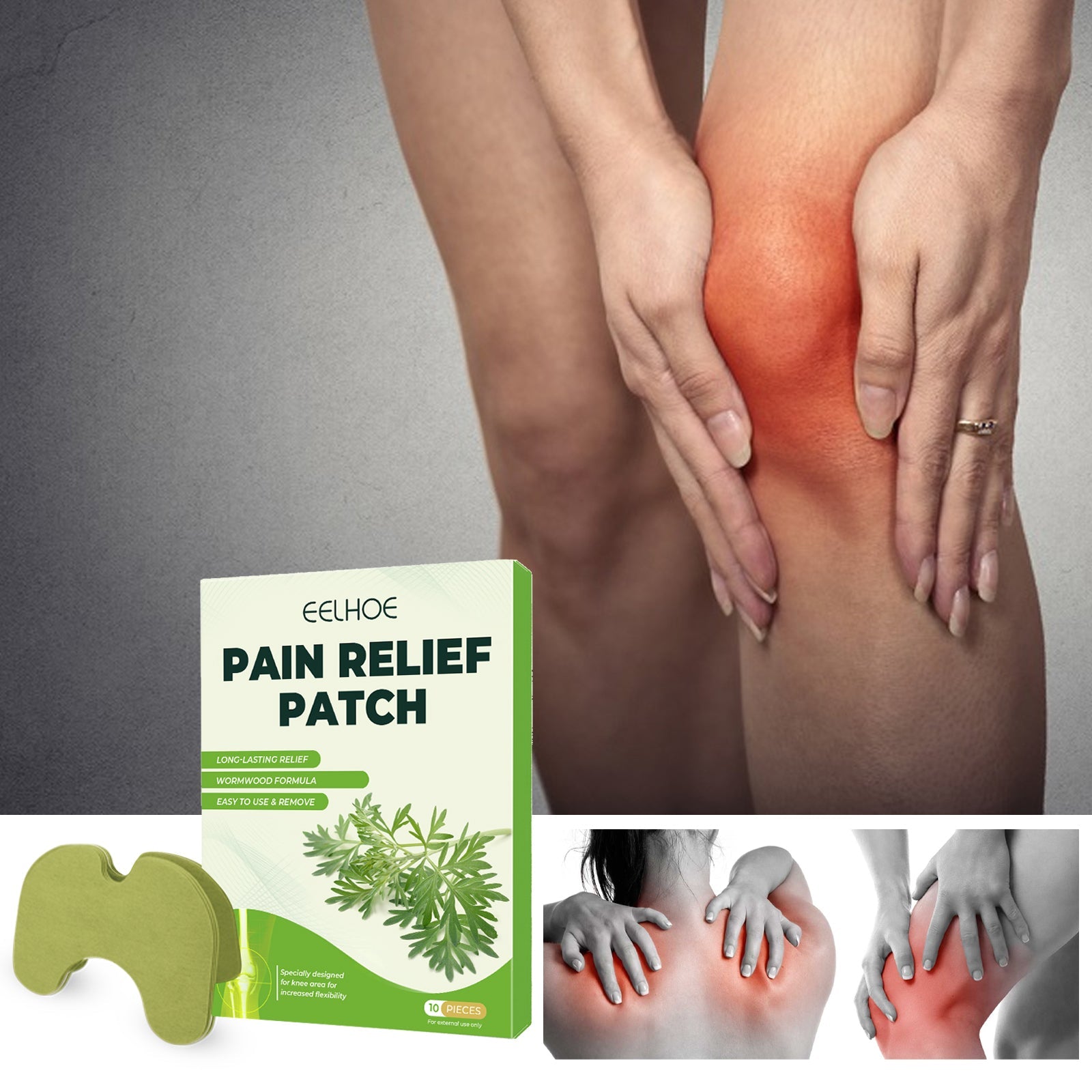Green mugwort knee patches 10-pack with box, shown on hands holding aching knee