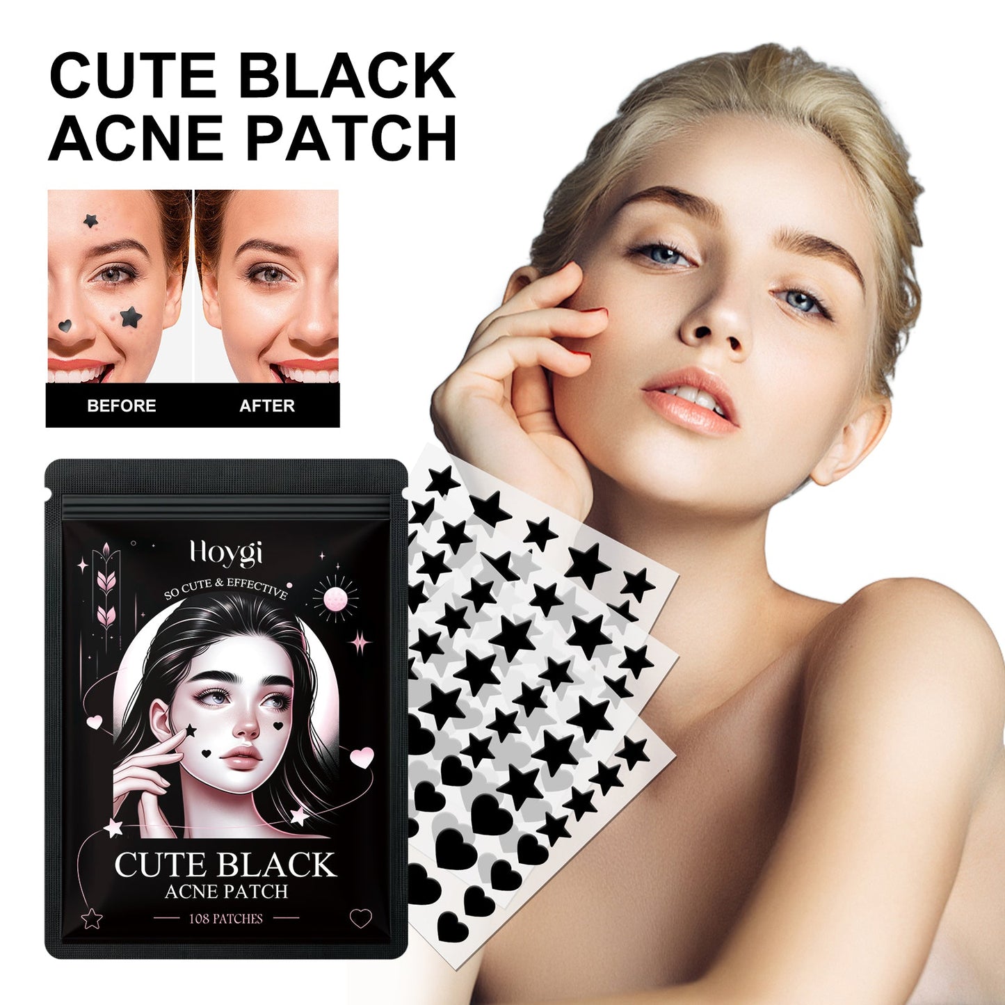 Black acne patch sheets near a woman’s face with round patches for use