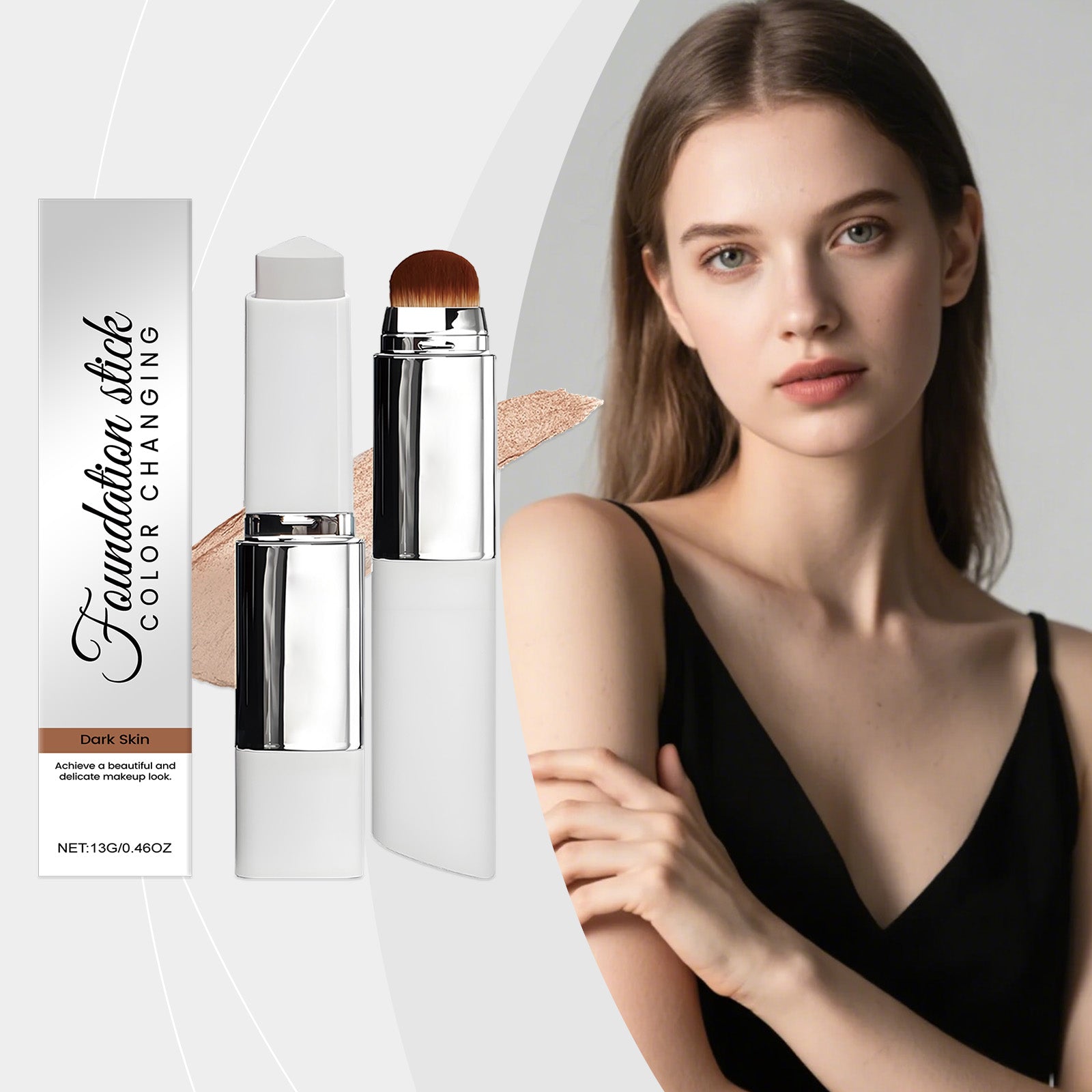 Color-changing foundation sticks with brush applicator and beige swatch, dark skin tone