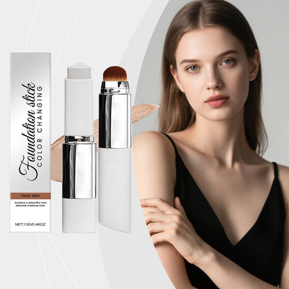 Color-changing foundation sticks with brush applicator and beige swatch, dark skin tone