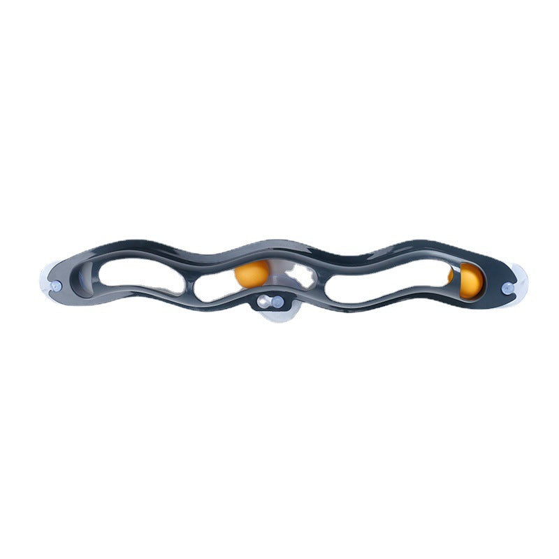 Grey cat track toy with curved track and orange ball accents, shown on a white background