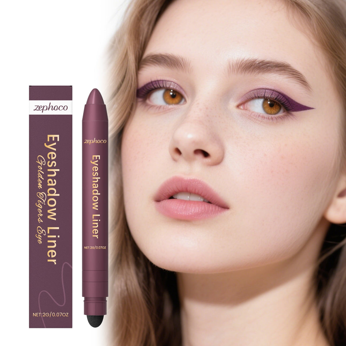 2-in-1 eyeliner pencil with mauve-purple tip and cap, beside eye makeup