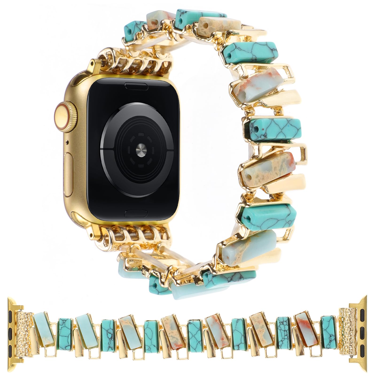 YOSWAN Boho Stone Bracelet Compatible with Apple Watch Band 41/40/38/42/44/45/49mm Women Handmade Stretchy Solo Loop Natural Stone Beaded Strap for iWatch Series 9 8 7 6 5 4 3 2 1 SE/Ultra (42/44/45/49mm-L(6.5"-7.5") Turquoise/Gold) - Renee Lane Company