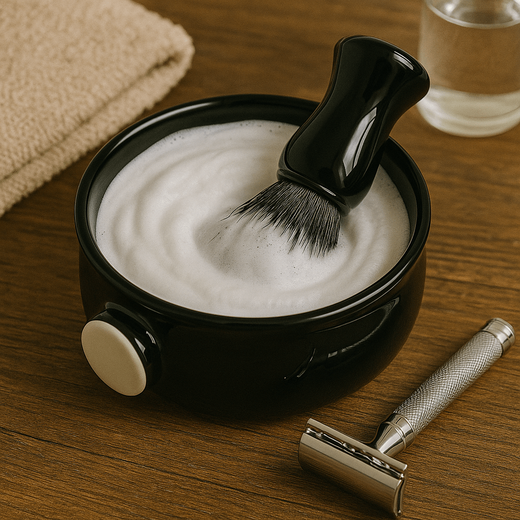 Black ceramic lather bowl with a shaving brush and white foam on top