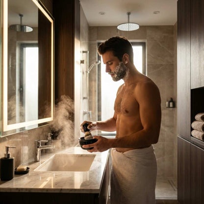 Black ceramic lather bowl in use during shaving, held in front of a faucet