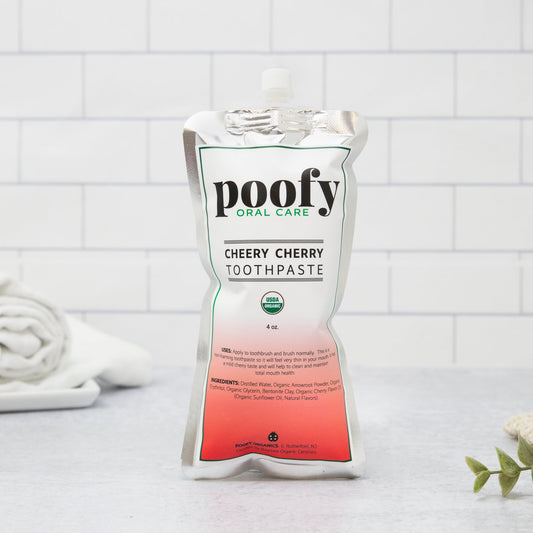 Toddler toothpaste pouch, Cheery Cherry flavor, Poofy branding, 4 oz.