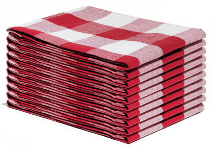 Plaid kitchen towels, red and white gingham check pattern, neatly stacked set