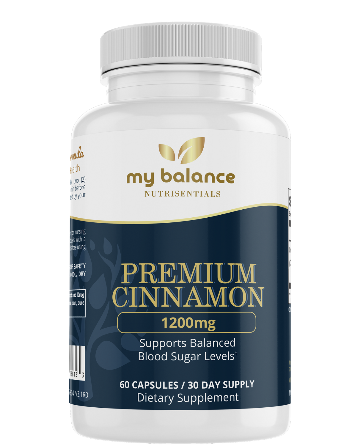 Ceylon cinnamon supplement bottle, 60 capsules, 1200 mg