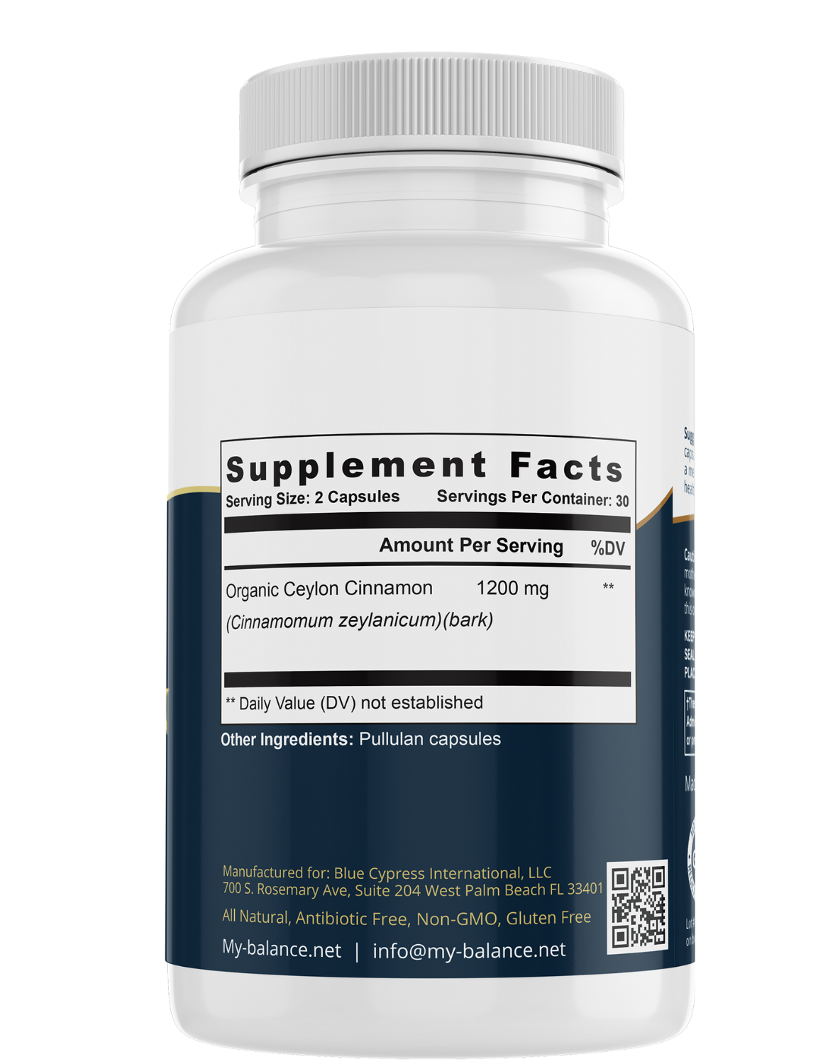 Ceylon cinnamon supplement bottle with Supplement Facts panel