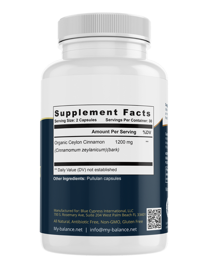 Ceylon cinnamon supplement bottle with Supplement Facts panel
