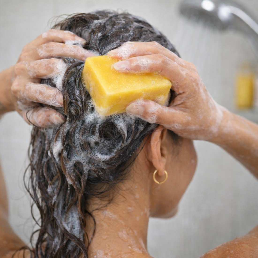 Citrus shampoo bar held against wet hair during washing