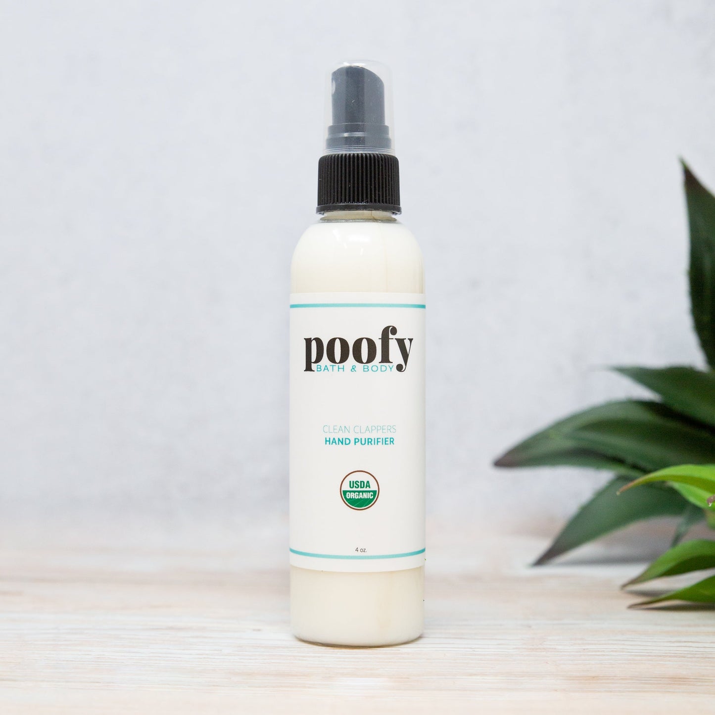 Hand purifier spray bottle, white with pump cap and mist nozzle, poofy