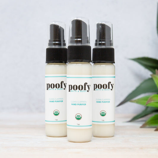 Organic hand purifier travel set, 3 bottles with black spray caps and pale liquid