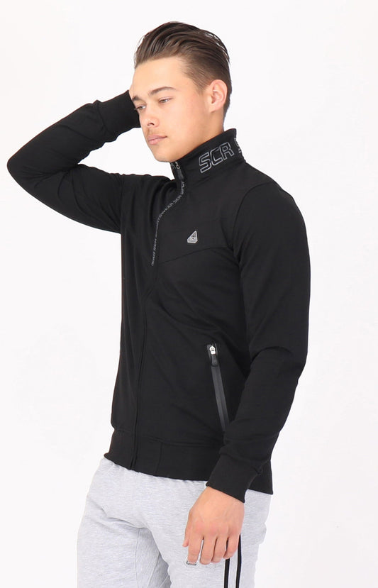 Black full-zip sweatshirt with stand collar, zip front, and kangaroo pocket detail
