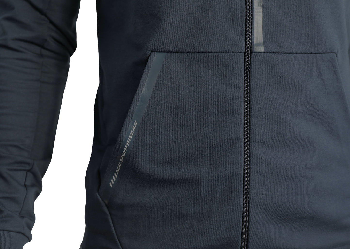 Black hooded sweatshirt front pocket area and zipper seam detail