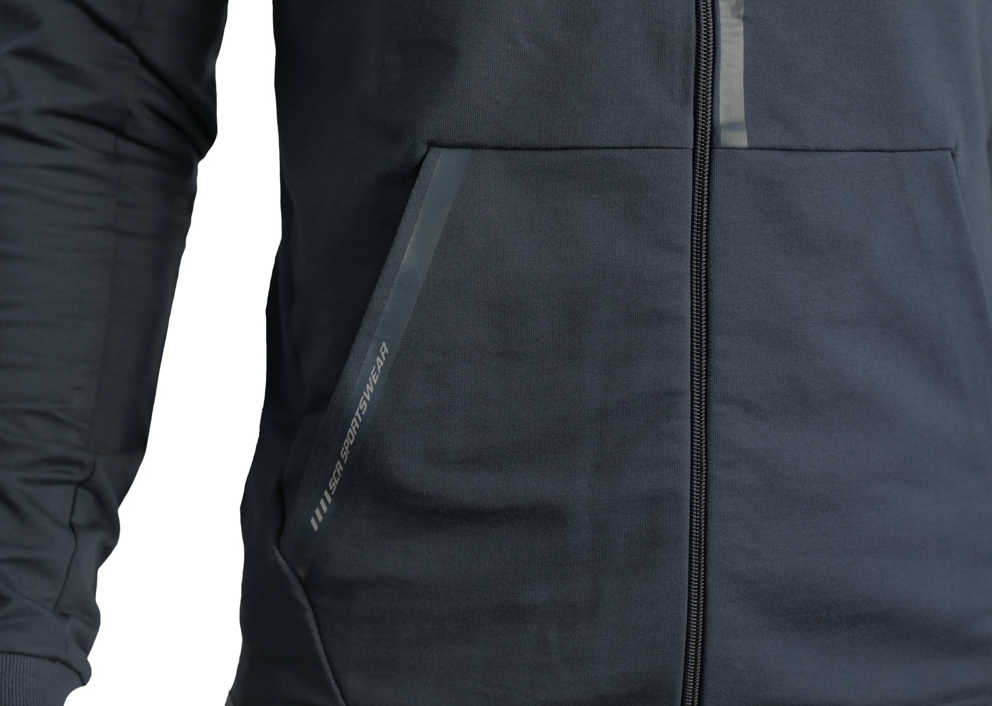 Black hooded sweatshirt front pocket area and zipper seam detail