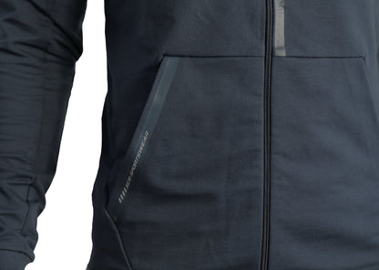 Black hooded sweatshirt front pocket area and zipper seam detail