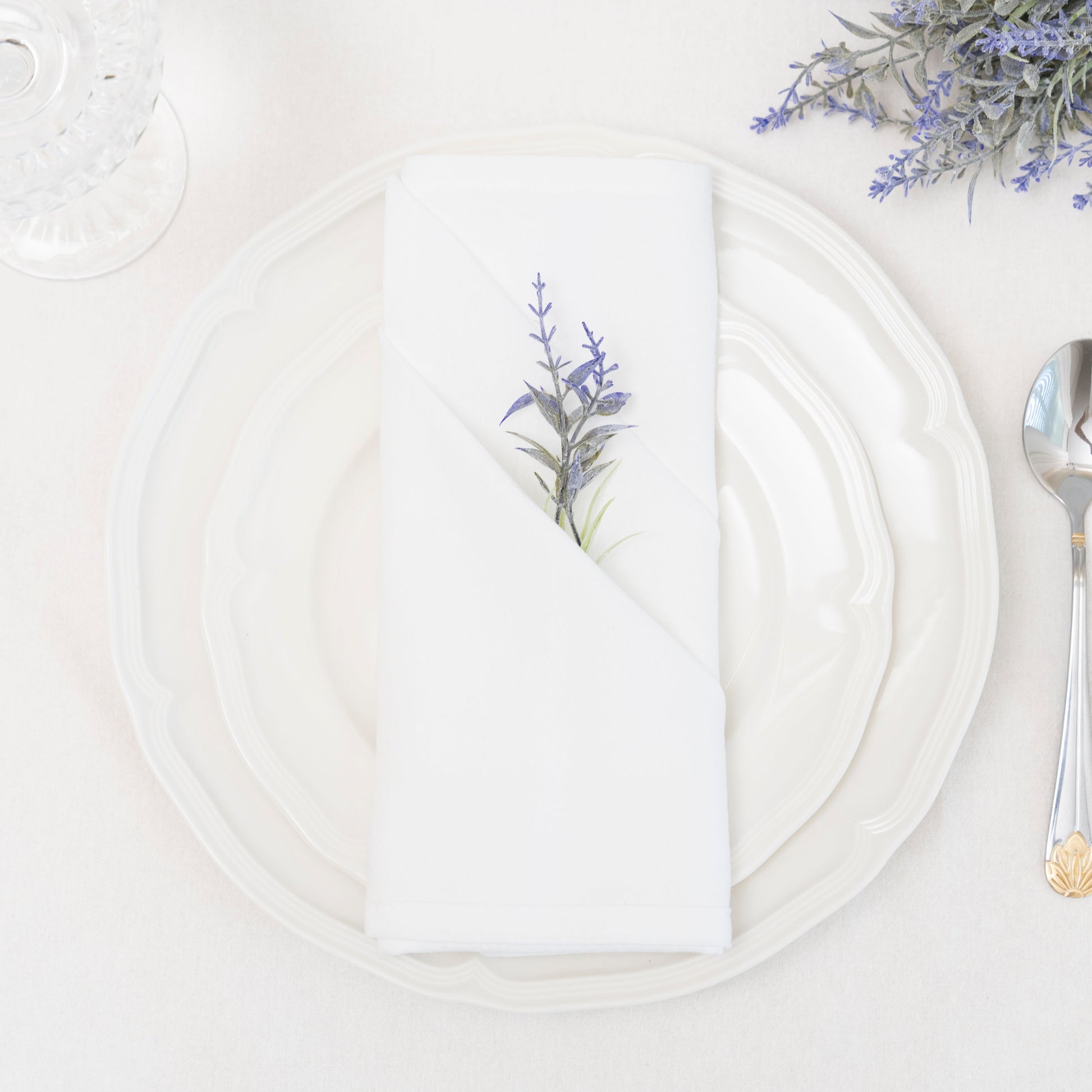 Flour sack napkins, white, with a small lavender sprig embroidery