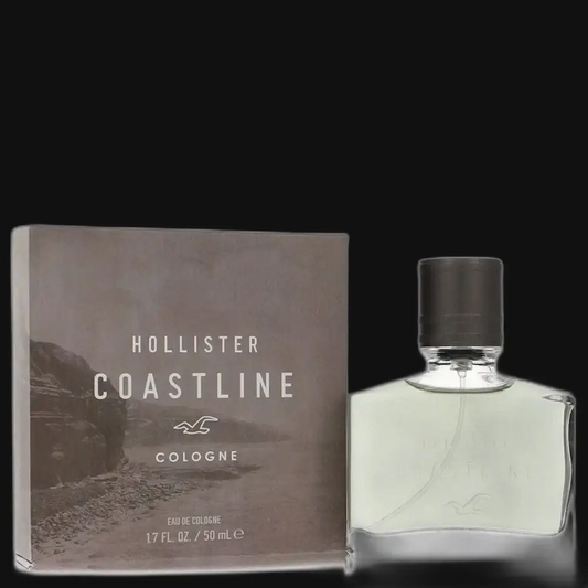 Hollister Coastline cologne set with glass bottle and dark cap beside box