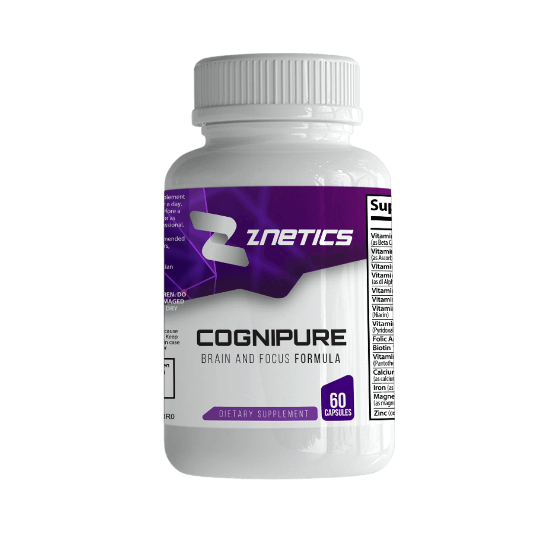 Cognipure supplement bottle with ZNETICS branding and 60 capsules label