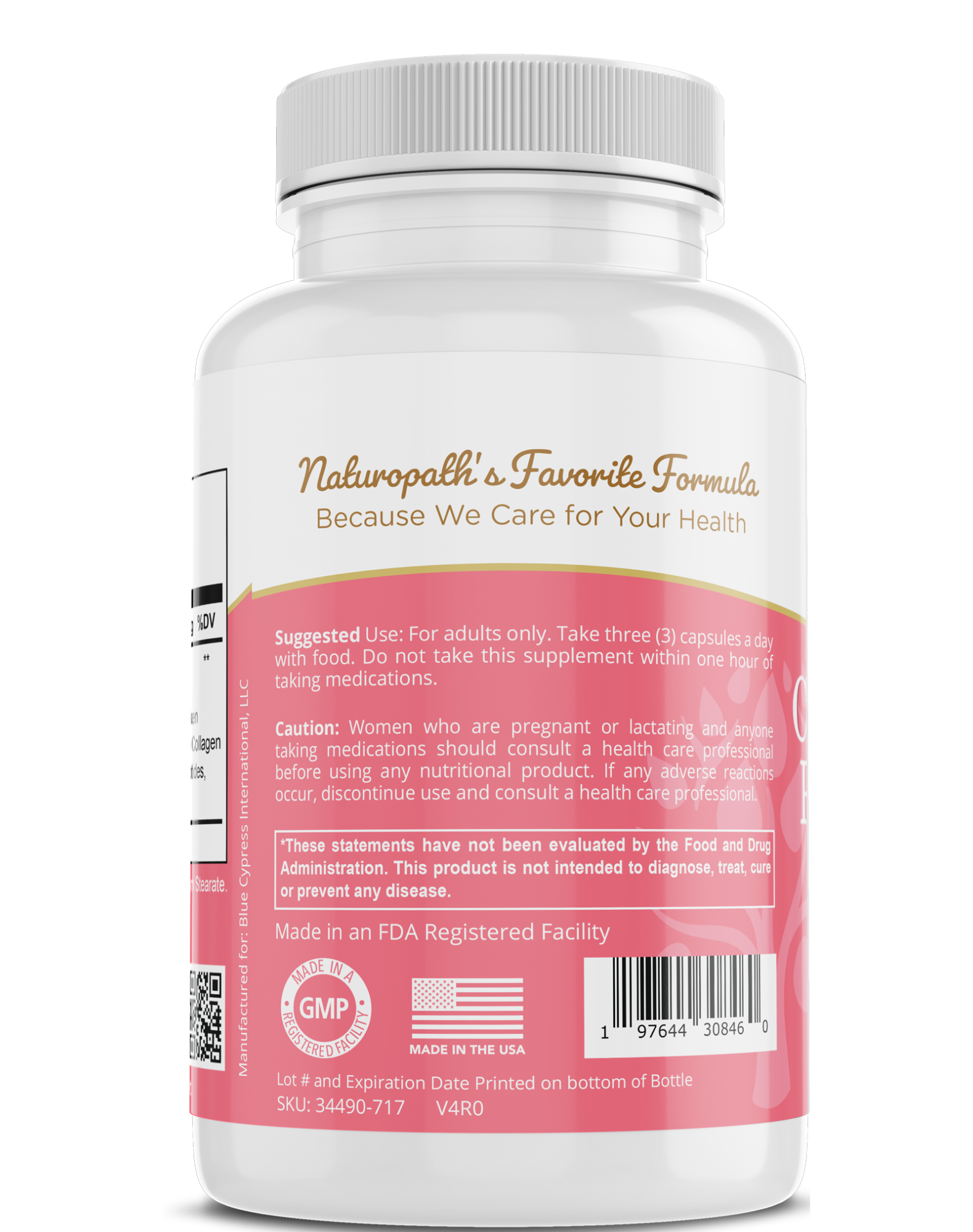 My balance collagen peptides capsules bottle with GMP and caution info, side label