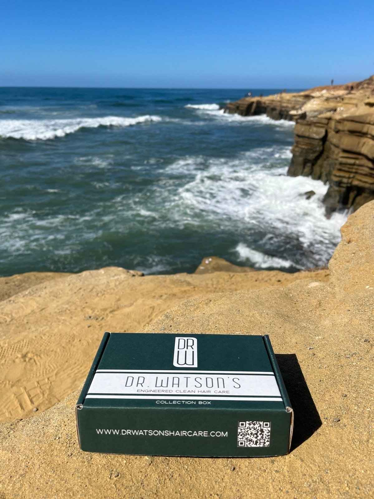 Skincare collection box with Dr. Watson's logo and QR code