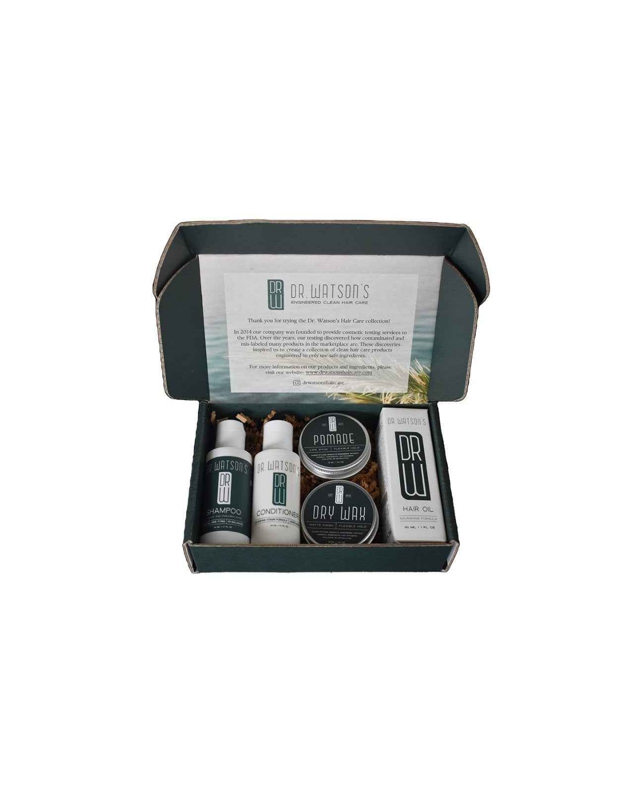 Skincare discovery set box with five products, open packaging and labels