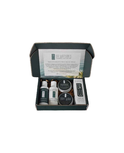Skincare discovery set box with five products, open packaging and labels