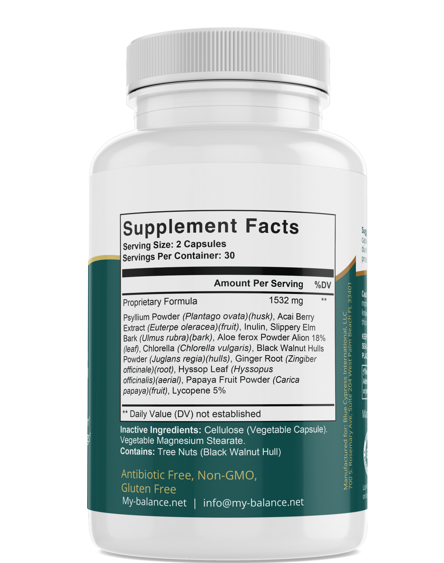 Colon Cleanse dietary supplement bottle back panel with Supplement Facts